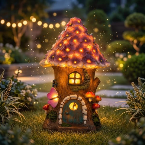 Solar mushroom hut fairy garden light glowing at dusk
