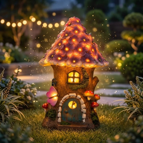 Solar mushroom hut fairy garden light glowing at dusk