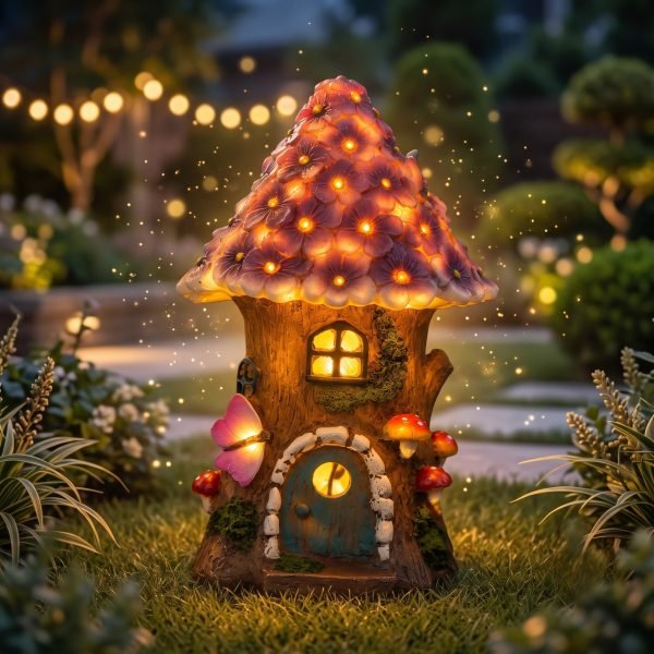Solar mushroom hut fairy garden light glowing at dusk