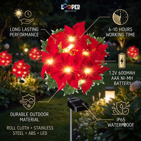 Solar Poinsettia Flower Garden Lights Set of 2