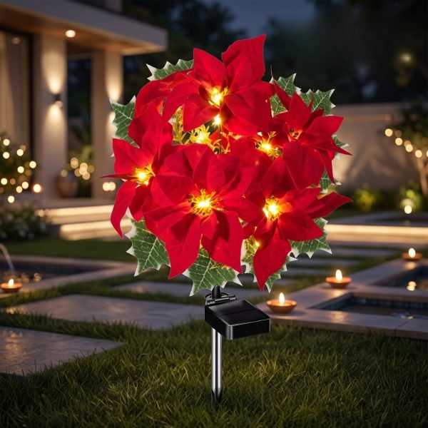 Set of 2 solar poinsettia flower garden lights