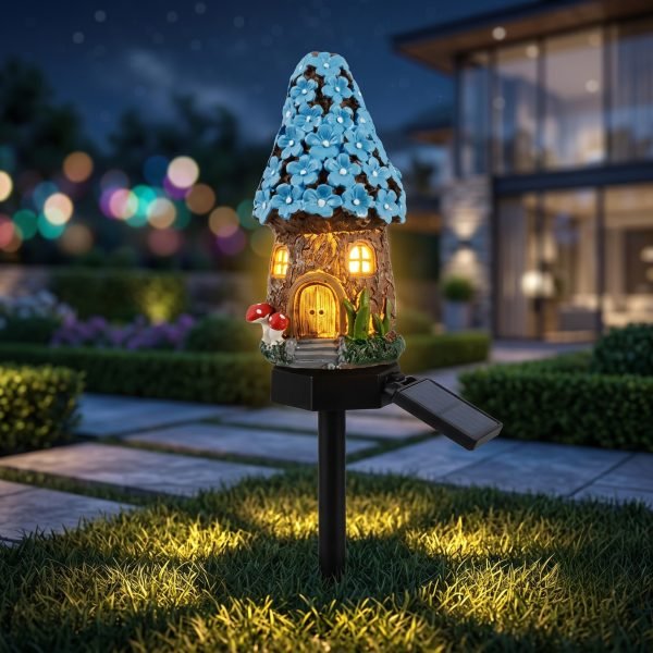 Solar mushroom hut fairy garden light in dark blue