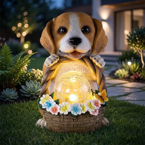 Solar puppy garden statue with flower basket