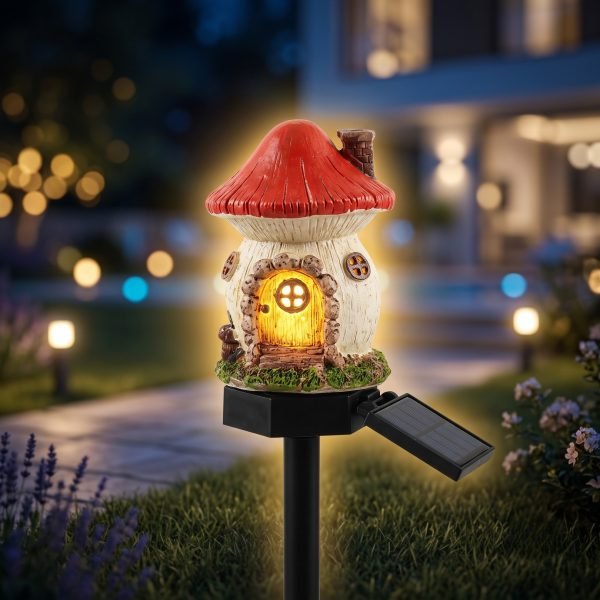 Solar mushroom hut fairy garden light in red